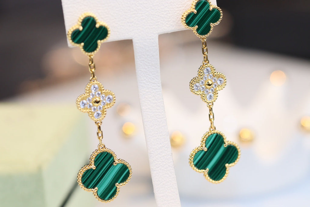 ¡®Dream¡¯CLOVER EARRINGS GOLD MALACHITE DIAMOND 3 MOTIF