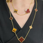 ¡®Dream¡¯CLOVER 16 MOTIF CARNELIAN TIGER EYE ROSE GOLD NECKLACE