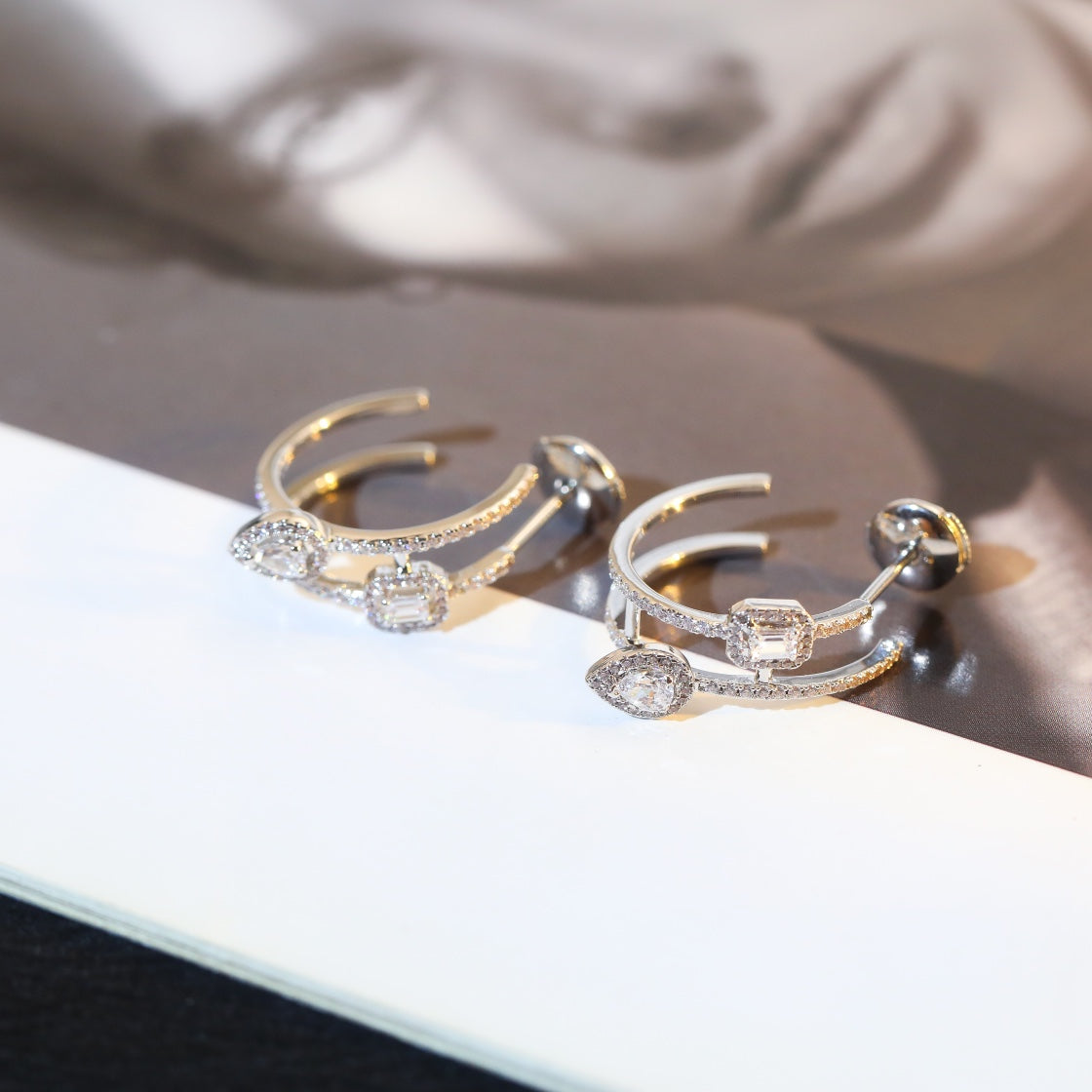 [Dream ]CREOLES MY TWIN 2 RANGS SILVER DIAMOND EARRINGS