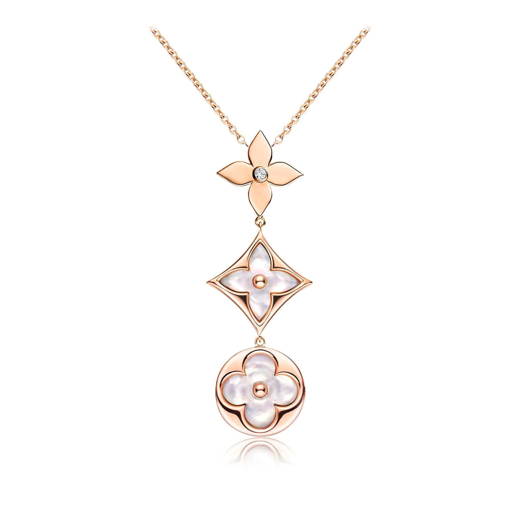 ¡®Dream¡¯COLOR BLOSSOM LARIAT NECKLACE PINK GOLD WHITE MOTHER PEARL AND DIAMOND