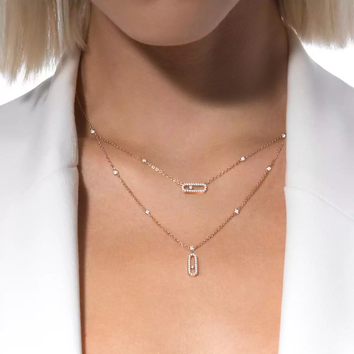 [Dream ]2 Rows Rose Gold Diamond Pave_ Necklace Move Uno